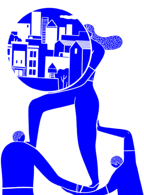 Graphic of people holding up a city together