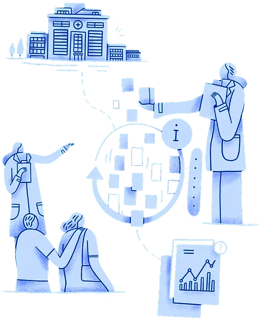 Graphic depicting a healthcare information system with doctors, nurses, and hospitals connected by a network.