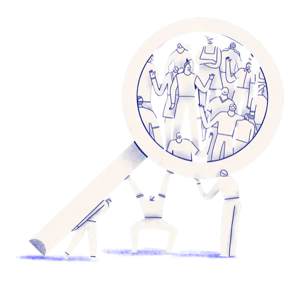 Graphic of three people holding up a magnifying glass to a crowd of people